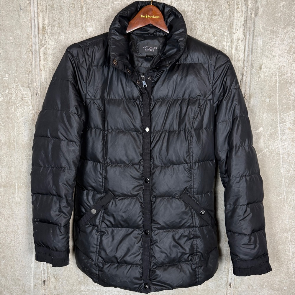 Victoria's Secret Black Down Puffer Jacket Women Small Cinched Back Quilted Coat